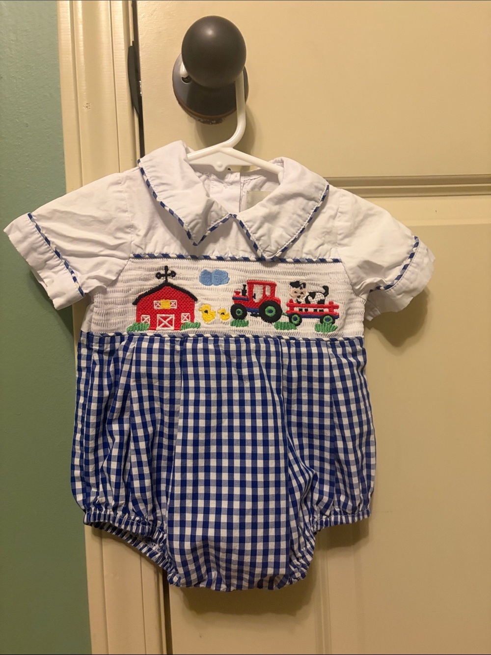 Blue Gingham Farm Smocked Baby One-Piece Bodysuit